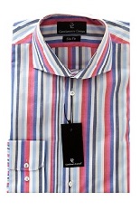 White, Blue & Red Stripe Shirt - Button Cuff-