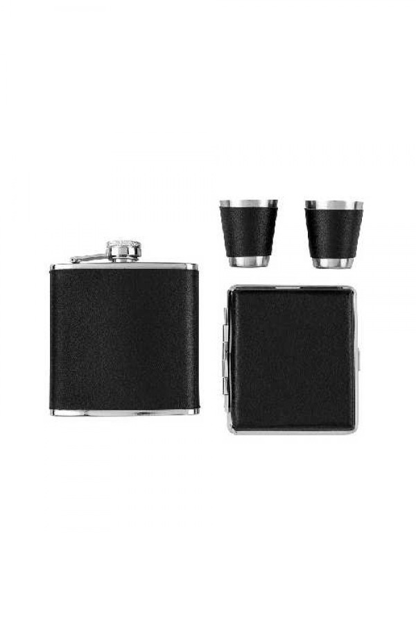 Angelo Flask Set & Cigarette Case - Black