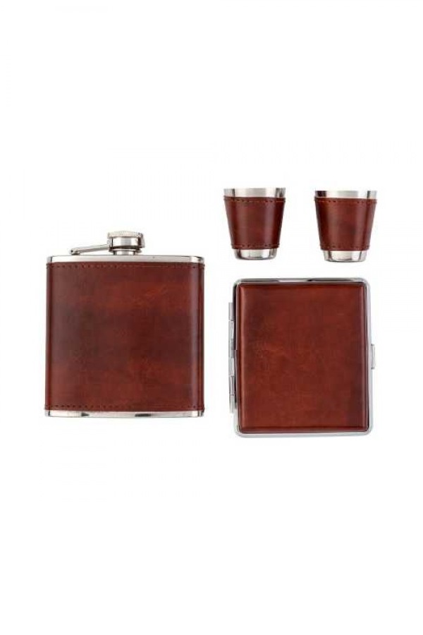 Angelo Flask Set & Cigarette Case - Brown